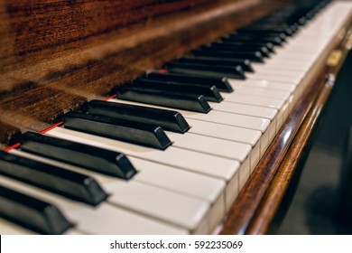 Close Up View Of Piano Keys. Old Music Instrument