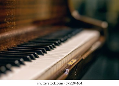 Close Up View Of Piano Keys. Old Music Instrument