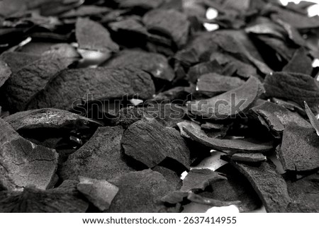 Close up view of a pile of coconut shell charcoal  - Derived from natural coconut shells, this charcoal is ideal for grilling and can also be processed into high-quality activated carbon