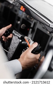 Close Up View Of Pilot Using Yoke In Airplane