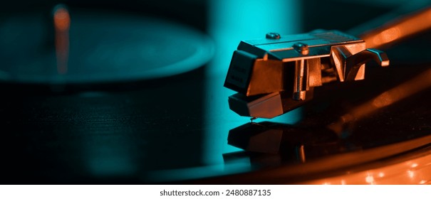 close up view record player needle on vinyl
