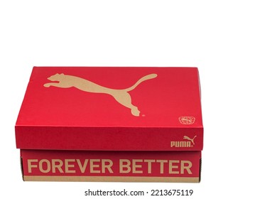 Close Up View Of Red Shoe Box With Puma Logo Isolated On White Background. Uppsala. Sweden. 10.14.2022.