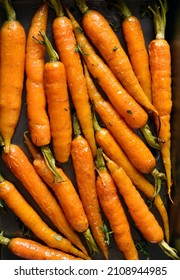 Close Up View Of Roasted Honey Glazed Carrots. Top View, Flat Lay