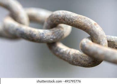 Close up view rusty metal chain links gray background