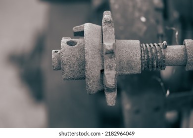 Close Up View Of Rusty Metal Shaft Of Old Farm Equipment, Selective Focus