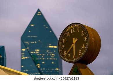 Close up view of rusty old clock in Dallas downtown, Texas.