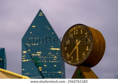 Close up view of rusty old clock in Dallas downtown, Texas.