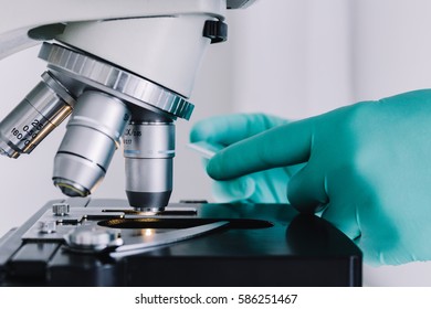 Close up view of scientist hands with gloves set the sample in the microscope for research