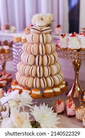 Close view of set of pastel macaroons , which arranged  in form of pyramid on glass plate and surrounded by tasty desserts with fruits and golden trails with cakes, which placed on candy table 