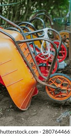 Close up view of several multi colored wheelbarrows parked in a garden area.