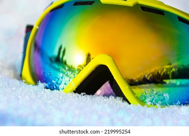 Close Up View Of Ski Mask On Snow With Snowflakes