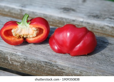 close up view of a sliced red bell pepper