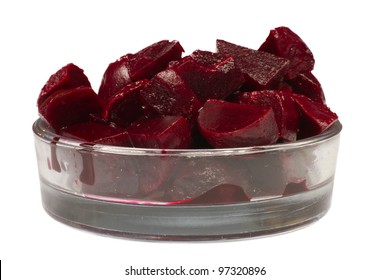 Close up view of small pieces of pickled beetroot vegetable in a glass bowl -  ready for self serving