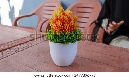 A close up view of a small potted plant with orange flowers and green leaves, sitting on a red table with chairs in the background.
