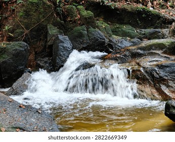 Close View of Small Waterfall Cascading Over Mossy Boulders in a Tropical Forest Stream