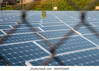 Close up view of solar panels as seen through a chainlink fence. - Shutterstock ID 2041955609