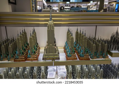 Close Up View Of Souvenir Shelf With Small Replica Models Of Empire State Building. New York. USA. 10.25.2022.