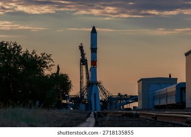 A close view of the space rocket launch pad. The cosmodrome is the place from which the ship flies into the depths of the universe. The rocket can explore distant planets.