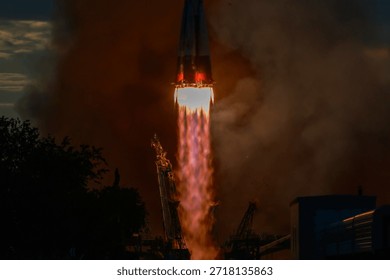 A close view of the space rocket launch pad. The cosmodrome is the place from which the ship flies into the depths of the universe. The rocket can explore distant planets.