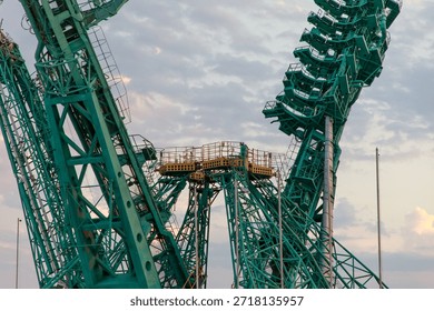 A close view of the space rocket launch pad. The cosmodrome is the place from which the ship flies into the depths of the universe. The rocket can explore distant planets.