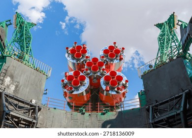 A close view of the space rocket launch pad. The cosmodrome is the place from which the ship flies into the depths of the universe. The rocket can explore distant planets.