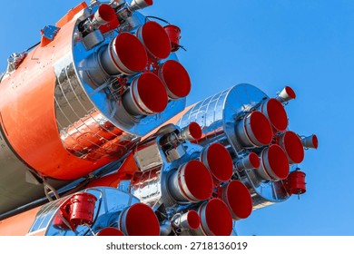 A close view of the space rocket launch pad. The cosmodrome is the place from which the ship flies into the depths of the universe. The rocket can explore distant planets.