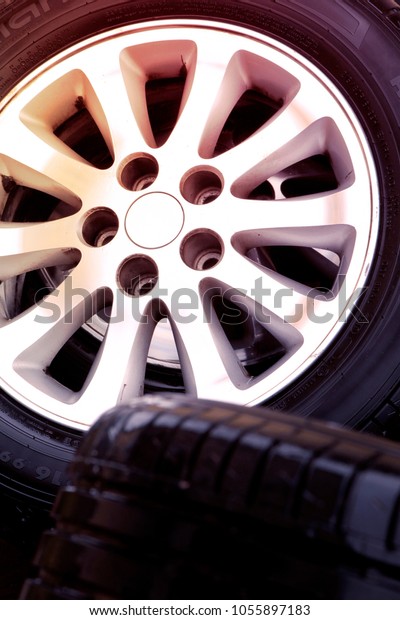 close up view of\
stack car disks with\
tyres