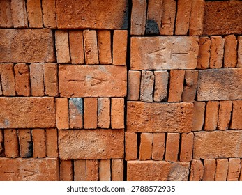 Close up view of stacked red bricks texture background