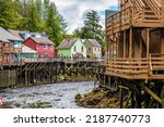A close up view of the stilted buildings along the Creek in Ketchikan, Alaska in summertime