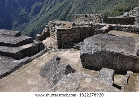 Close up view of the stone buildings and ruins inside the lost Incan city of Machu Picchu