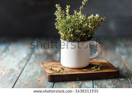 Close up view of thyme bunch. Green thyme in a mug