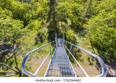 Close Up View Of Top Down View Of Metal Stairs To Slalom Mountain On Beautiful Summer Day. Sweden. Europe.