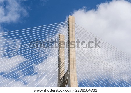 Close up view of a tower of Vasco da Gama bridge in Lisbon, Portugal