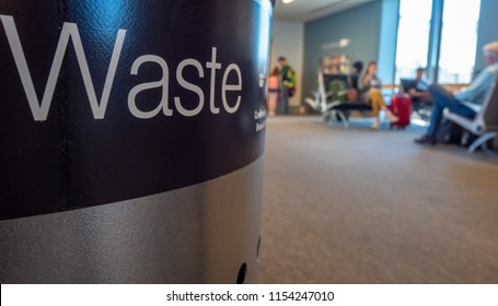 Close Up View At Trash Can Inside An Airport Terminal