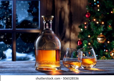 close up view  of two glasses with whiskey on color back - Powered by Shutterstock