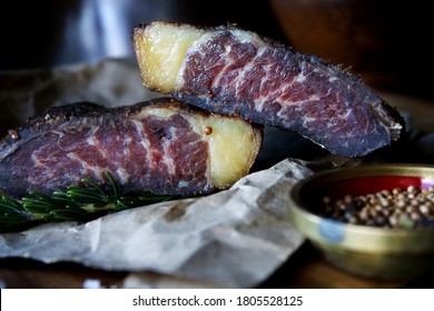 Close up view of two pieces of Traditional South African dried meat or Biltong