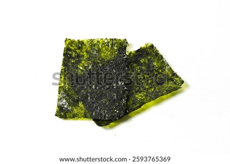Close up view of two sheets nori dried seaweed isolated on white background. Clipping path. Asian food. Healthy Snack.