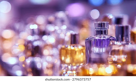 A close up view of various elegant perfume bottles arranged on a store shelf with a colorful blurred background and soft bokeh light effects