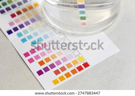 Close up view of water testing strip dipped in clear liquid contained in glass beaker. Color changes on strip compared to reference chart for determination of various water attributes.