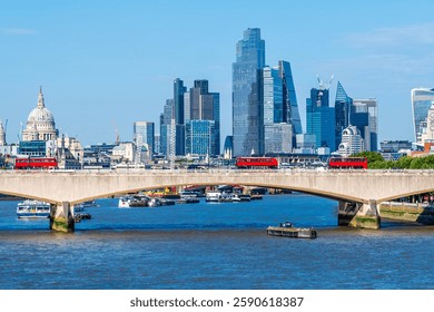 A close up view of Waterloo Bridge over the river Thames in  London, UK in summertime