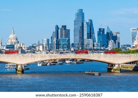A close up view of Waterloo Bridge over the river Thames in  London, UK in summertime
