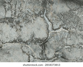 Close up view of a weathered stone surface showing deep cracks, moss growth, and rich mineral textures