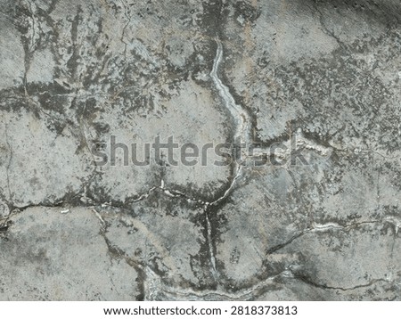 Close up view of a weathered stone surface showing deep cracks, moss growth, and rich mineral textures