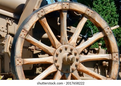 Close up view of wooden wheel of historical cannon Norwood MA USA