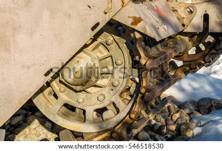 Close up view of world war tank road wheels and tracks