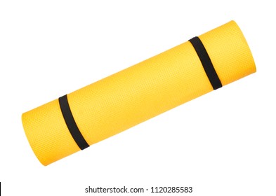 Close Up View Of Yellow Yoga Mat For Exercise, Isolated On White Background