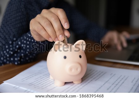 Close up view of young female sitting at desk by laptop doing paperwork paying bills online. Focus on hand putting coin to piggybank. Saving money is easy. Rational economy. Financial profit. Deposit