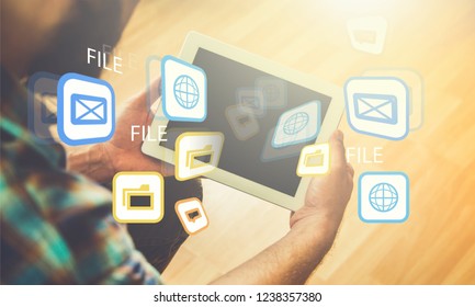 Close Up To View Young Man's Hands Hold Tablet With Empty Screen, Male Hands Holding Touch Screen Tablet Pc With Blanc Screen, Flare Sun Light