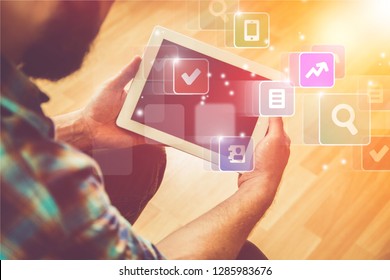 Close Up To View Young Man's Hands Hold Tablet With Empty Screen, Male Hands Holding Touch Screen Tablet Pc With Blanc Screen, Flare Sun Light