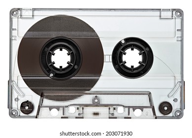close up of a vintage audio tape on white background